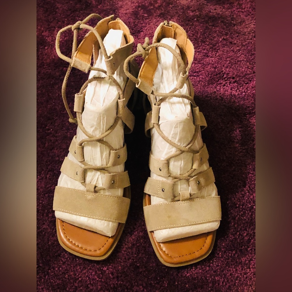 Crown Vintage- Tan Suede Lace-Up Sandals